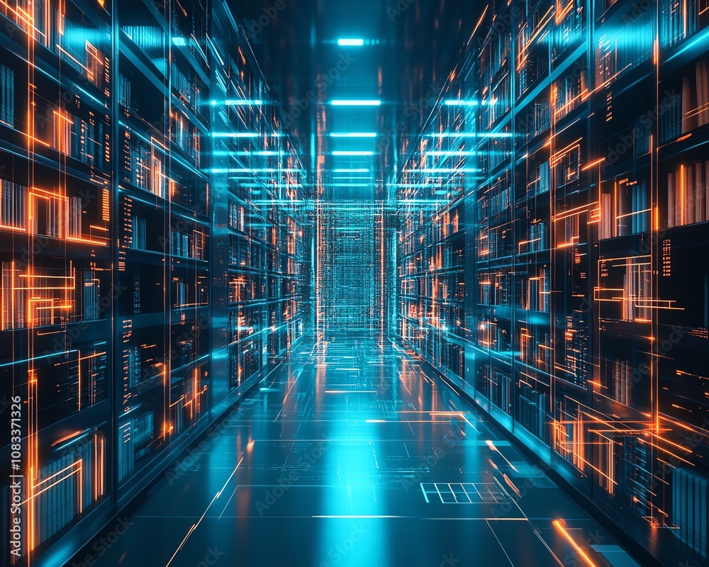 Poster futuristic library with glowing digital data streams, representing the seamless integration of cloud