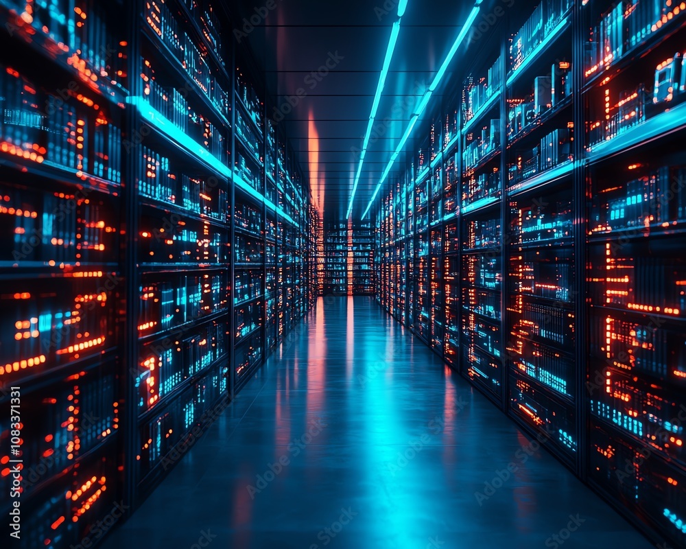 Poster futuristic library with glowing digital data streams, representing the seamless integration of cloud