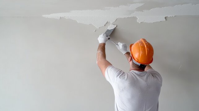 Worker fixing cracks on ceiling spreading plaster using trowel - Powered by Adobe