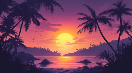 Breathtaking sunset over calm waters with palm trees on a tropical coastline at dusk