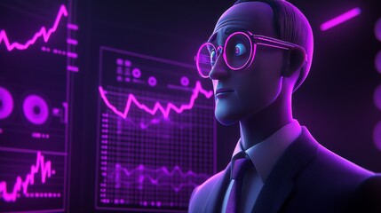 Futuristic Businessman Analyzing Data with Neon Graphs