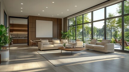 A spacious living area features contemporary furniture and natural light pouring in.