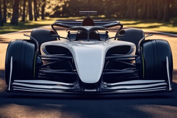 Fototapeta premium A white race car is on a race track with a green grass area and trees in the background.