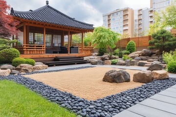Fototapeta premium A serene Japanese garden features a wooden pavilion, rocks, and neatly arranged pebbles.