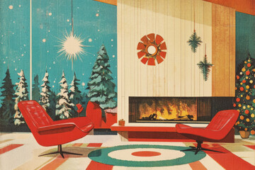 Mid century modern holiday interior design Christmas card style background illustration retro vintage interior minimalist colorful desgn art Christmas tree living room decor