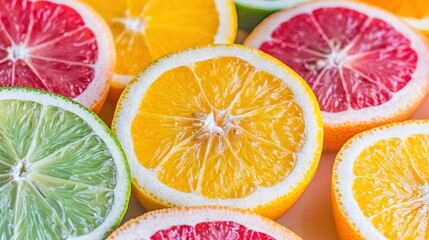 Fototapeta premium Fresh citrus fruit display vibrant colors food photography studio setting top-down view healthy eating concept
