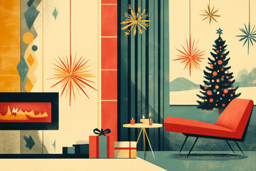 Mid century modern holiday interior design Christmas card style background illustration retro vintage interior minimalist colorful desgn art Christmas tree living room decor