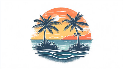 Obraz premium Tropical sunset over a calm ocean with palm trees and gentle waves in a serene beach setting