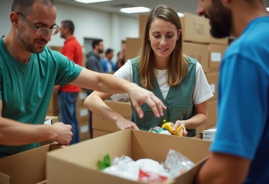 Volunteers work together to pack food items into boxes for distribution at a community center. They are collaborating efficiently to ensure families receive essential supplies. The atmosphere is focus