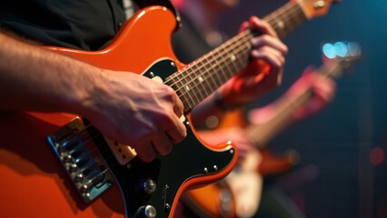 Obraz premium A band plays energetically on stage, showcasing electric guitars under colorful lighting. The focus is on the guitarists, highlighting their techniques and the lively ambiance of the performance.
