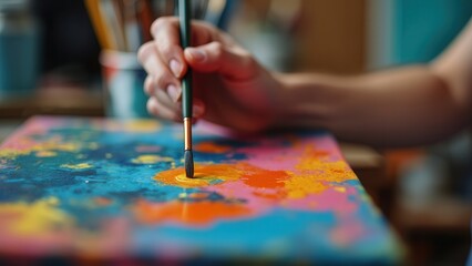 Obraz premium An artists hand skillfully paints bold colors on a canvas, blending hues of blue, orange, and pink. The workspace is filled with tools like brushes and jars, highlighting the creative process in a bri