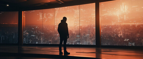 Fototapeta premium Silhouette of a Man Gazing at the Cityscape: A solitary figure stands silhouetted against a vast cityscape, bathed in the warm glow of a vibrant sunset. The image evokes a sense of contemplation.