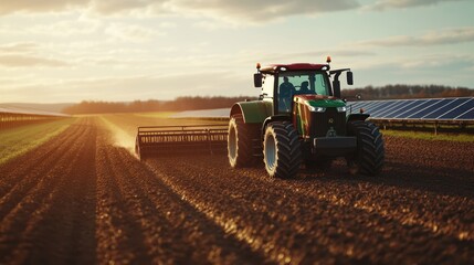 Obraz premium Tractor Plowing Field at Sunset