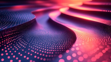 Fototapeta premium Abstract digital landscape featuring colorful wave patterns with glowing dots in a vibrant design at twilight