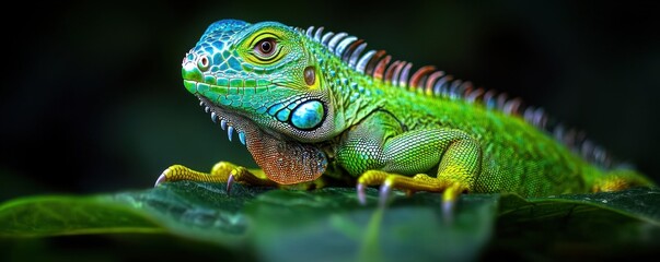 Fototapeta premium Vibrant Green Iguana on Leaf Reptile Wildlife Nature