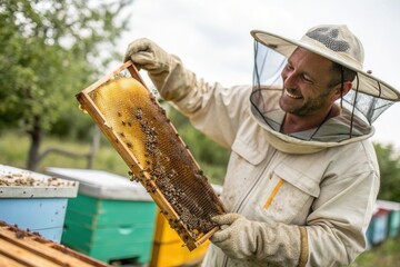 A beekeeper dressed in protective gear is smiling while holding a frame filled with honeycomb. Surrounding colorful beehives are visible in the background under a clear sky, indicating a warm day.