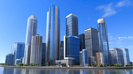 Obraz premium Modern skyscrapers reflecting in water under a clear blue sky.