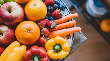 A vibrant assortment of fresh fruits and vegetables, including apples, oranges, bell peppers, strawberries, and carrots.