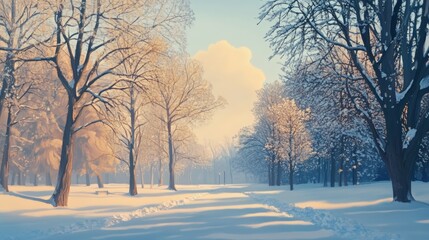 Peaceful snowy park with bare trees and soft winter light calm holiday atmosphere