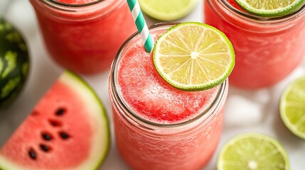 Fototapeta premium Close-up of watermelon slushies in mason jars garnished with lime wedges