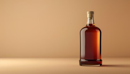 A glass bottle of amber-colored liquid with a cork stopper sits on a plain beige background.