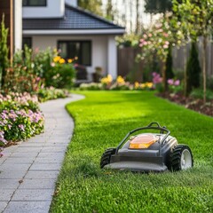 front yard scene with a grass cutting machine parked on a manicured lawn. The setting includes a quaint house, vibrant flower beds, and a clear blue sky