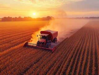 Fototapeta premium Tractor harvesting corn at sunset.