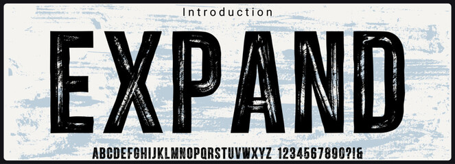 Condensed rough sanserif typeface. Alphabet vector font with brush texture.