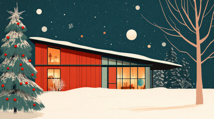 Mid century modern illustration Christmas card party invitation style outdoor home exterior modern retro vintage minimalist architecture snowy Christmas tree