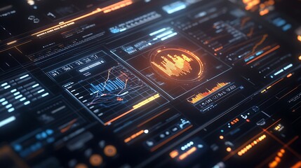 Obraz premium Interactive interface with charts, graphs, and data points highlighting key metrics 
