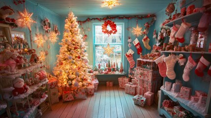 Fototapeta premium Brightly decorated Christmas room with frosted trees stockings and star decorations for holiday spirit