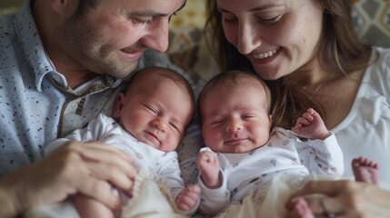 Joyful Parents Embrace Newborn Twins Together