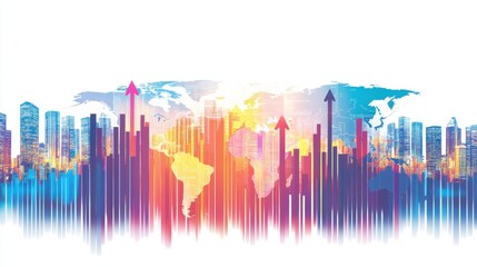 Fototapeta premium Vibrant illustration of global financial growth featuring skyscrapers, rising arrows, and a world map background, symbolizing success and development.