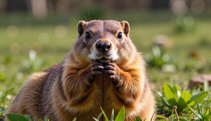 Fototapeta premium Groundhog eating in green field on a sunny day