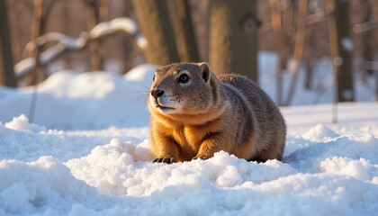 Obraz premium Groundhog on snowy ground predicting early spring