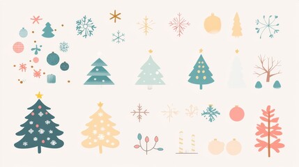 Festive Christmas  elements including trees, snowflakes, ornaments, and winter plants. Perfect for holiday designs and backgrounds.  Minimalist, cute, winter.