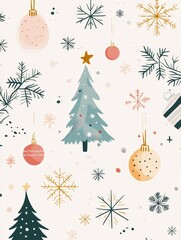 Obraz premium A charming Christmas wallpaper featuring minimalist trees, ornaments, snowflakes, and pine branches. Symbolizing festive cheer, winter wonderland, simple elegance, holiday spirit, and cozy Christmas.