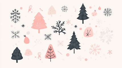 Festive Christmas design featuring pink and black trees, snowflakes, and winter elements. Perfect for cards, prints, and winter celebrations.