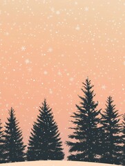 Naklejka premium Peaceful Christmas scene, minimalist design, peachy sunset, snowy trees, winter serenity.