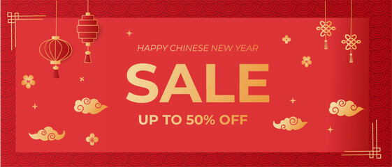 Naklejka premium Sale Banner for Chinese New Year. Realistic vector paper cut illustration of oriental flowers, clouds on red background. Asian Lunar Year template with stars, flowers, lanterns and luck symbols.