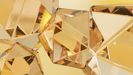 Elegant background with polygonal crystal form. A 3D rendering of a geometric jewelry surface. Scenes with gold reflective crystals in the backdrop. Artistic background.