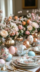 Fototapeta premium Easter table setting decorated with spring flowers and pastel-colored eggs