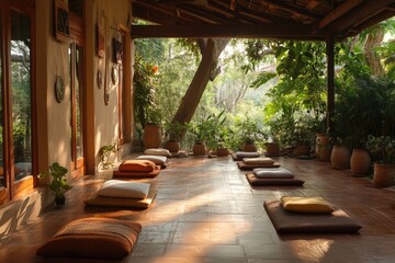 Fototapeta premium Yoga studio offering tranquil meditation space in nature