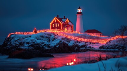 Nubble lighthouse shining brightly during christmas time in maine