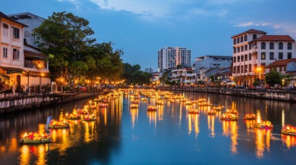 Obraz premium Serene River Scene with Illuminated Lanterns at Dusk, Capturing the Essence of a Vibrant Festival and Tranquil City Atmosphere