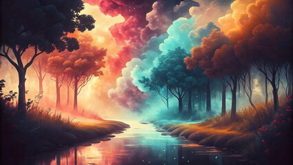 Fototapeta premium vibrant landscape featuring serene river surrounded by colorful trees and clouds, evoking sense of tranquility and wonder