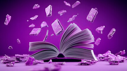 Open Book with Falling Purple Glittery Pages on Purple Background