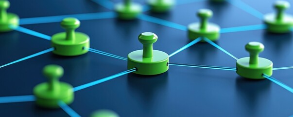 Connected green pins represent networking and communication in the digital landscape, symbolizing modern technology and innovation.
