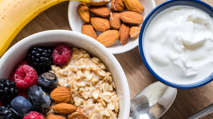 Healthy breakfast featuring yogurt topped with fresh berries and almonds, promoting a nutritious start to the day.
