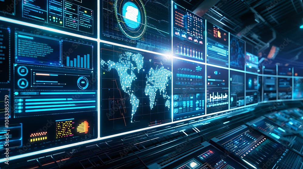 Poster futuristic control room with multiple screens displaying data and information. the image evokes a se